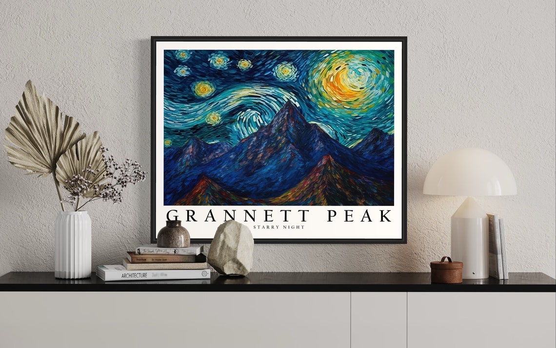 Grannett Peak Mountain Starry Night Art Print Van Gogh Style Poster Wall Art Original Painting Decor - Image 2