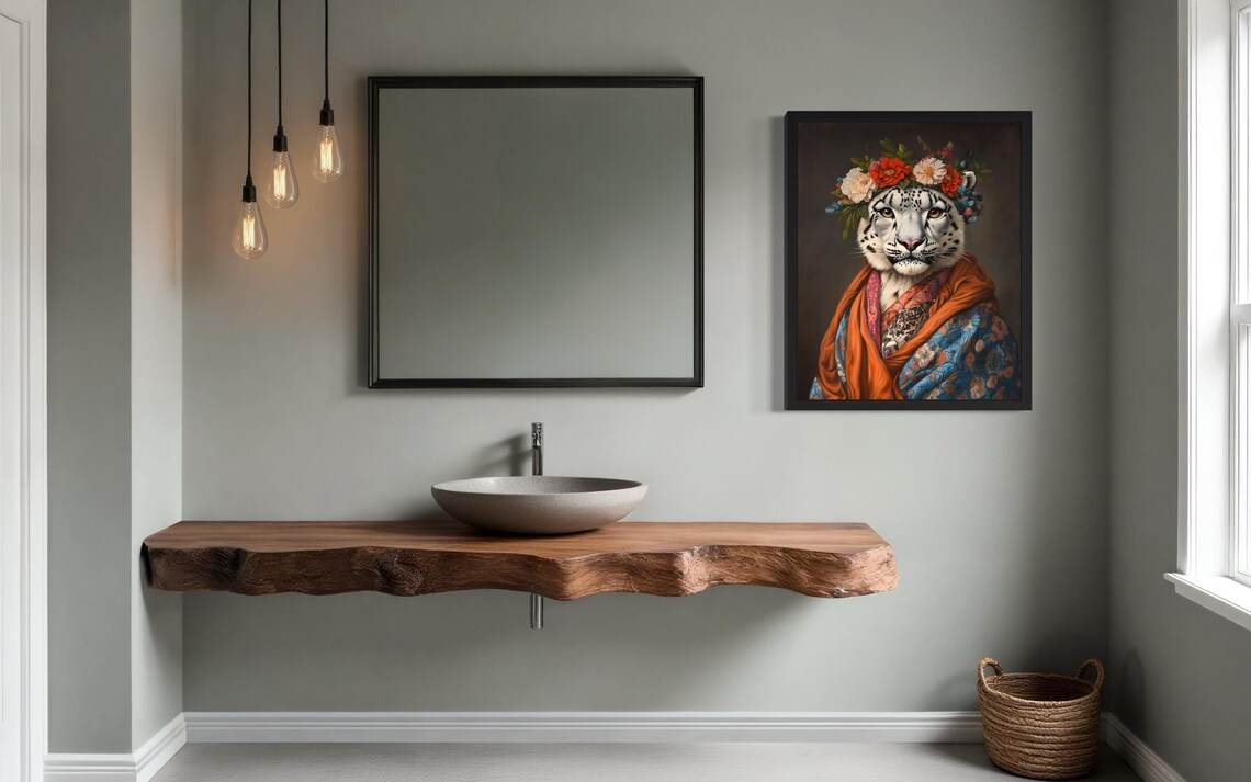 Snow Leopard Flower Crown and Rust Shawl Portrait Fine Art Decor Poster - Image 2
