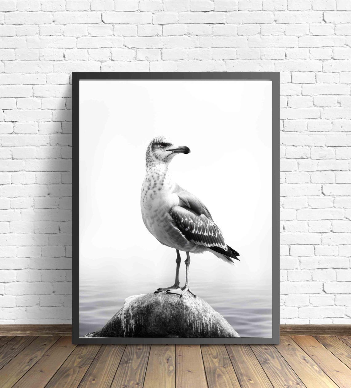Seagull Black and White Coastal Seabird on Rock Portrait Poster - Image 2
