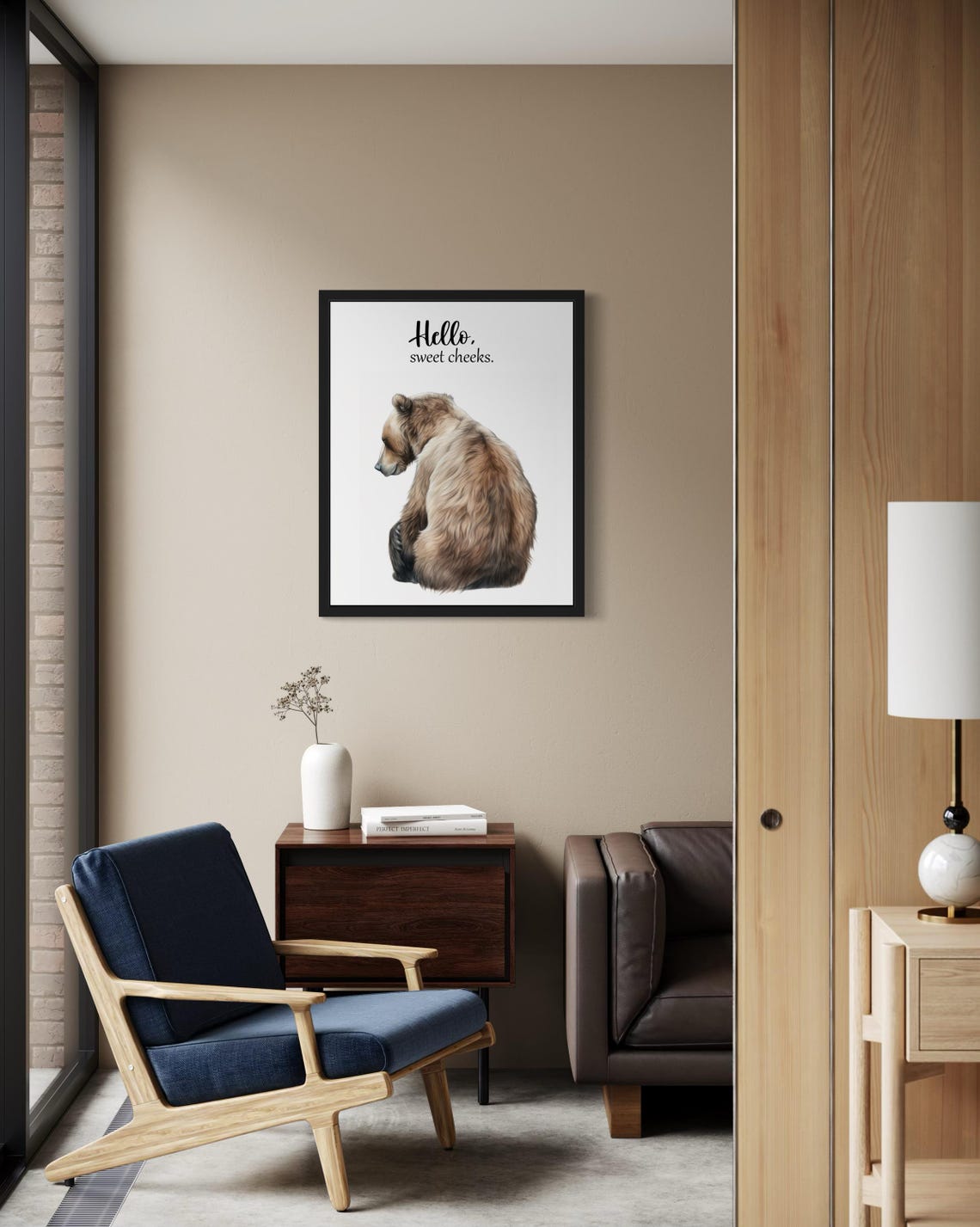 Grizzly Bear Sitting Hello Sweet Cheeks Funny Bathroom Poster - Image 2