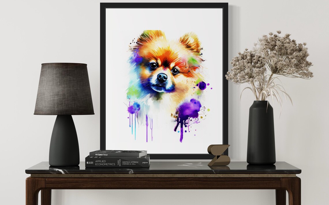 Fluffy Pomeranian Dog Face Rainbow Watercolor Portrait Poster - Image 3
