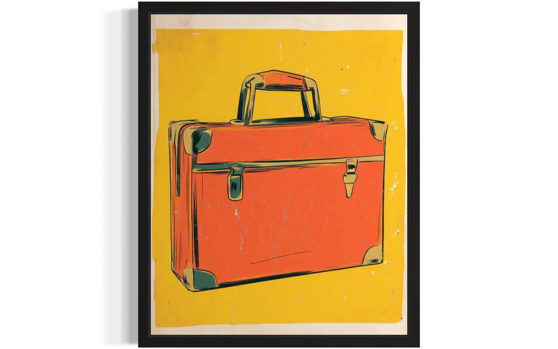 Vintage Orange Suitcase Retro Pop Art Print on Bright Yellow