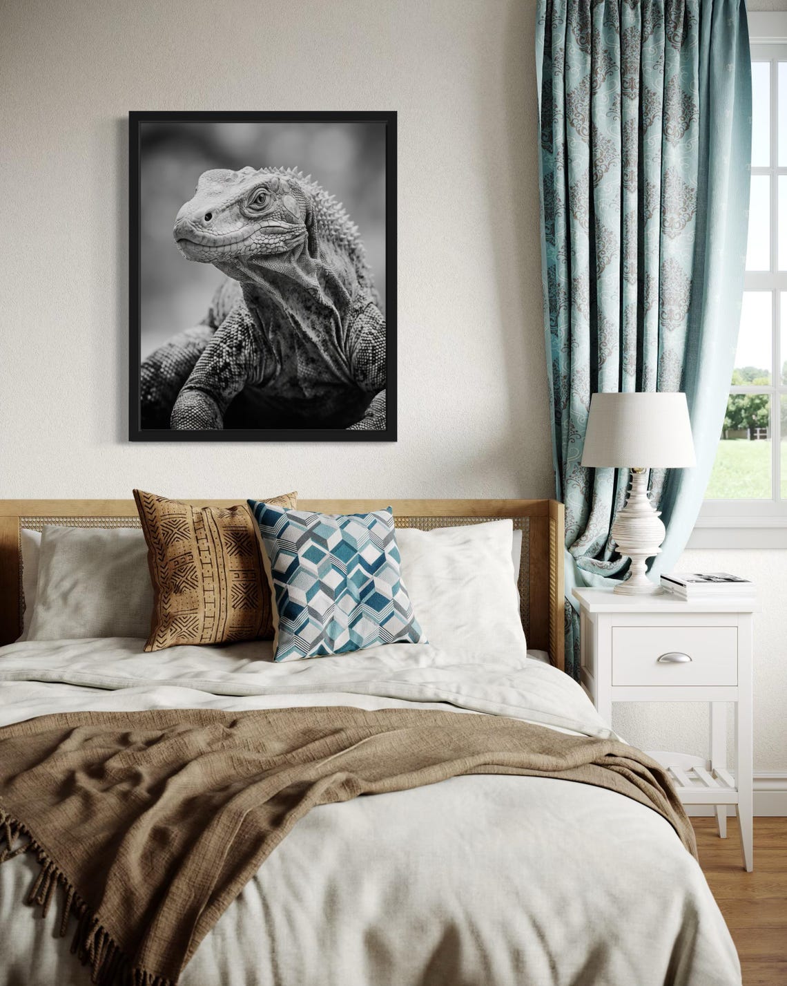 Komodo Dragon Head Close-Up Black and White Reptile Photo Poster - Image 4