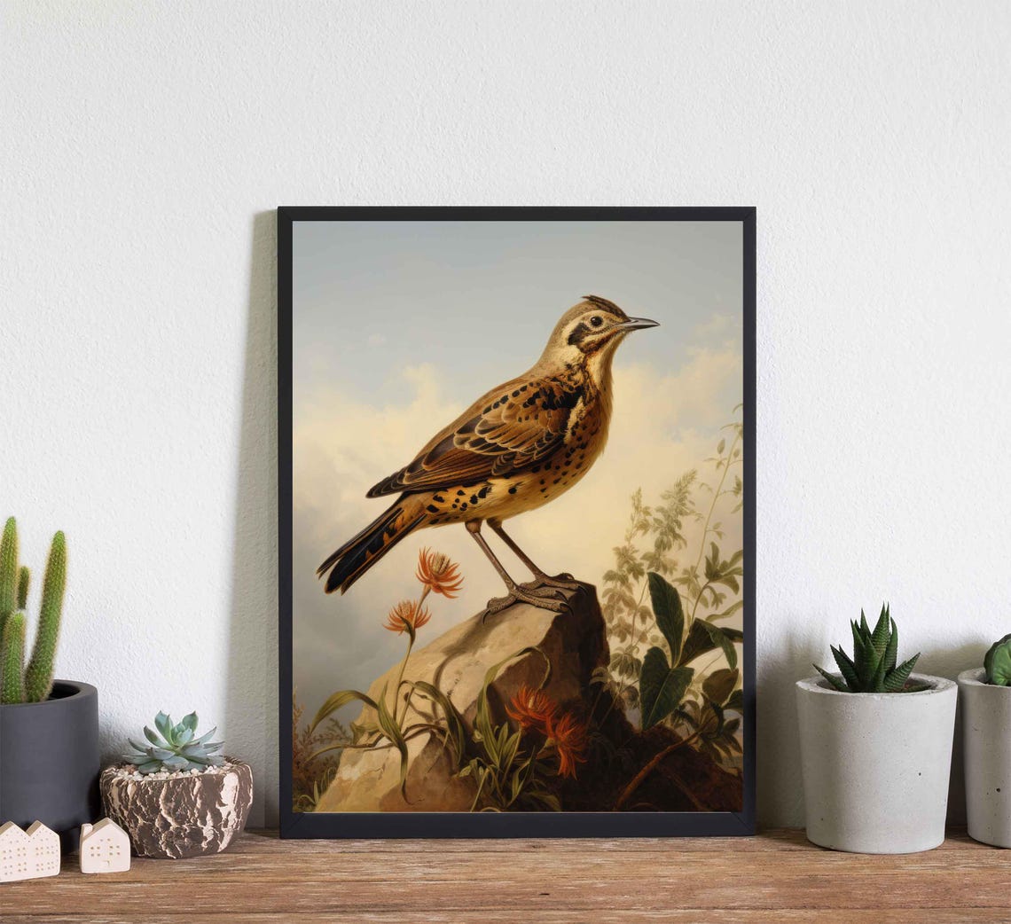 Lark Standing on a Rock with Red Flowers Vintage Bird Art Poster - Image 4
