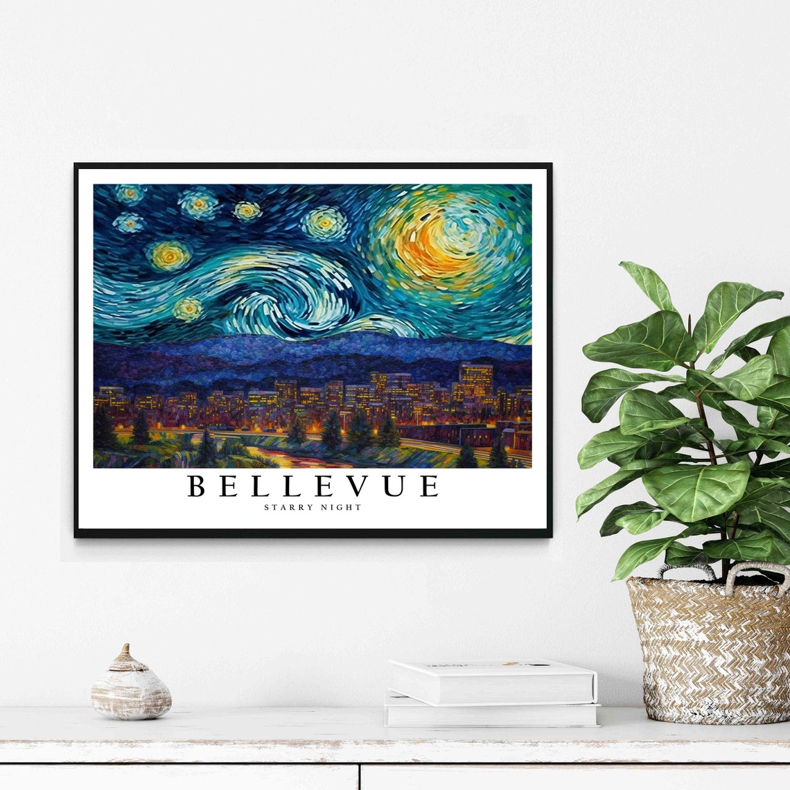 Bellevue Washington Starry Night City Lights Skyline Art Poster - Image 2