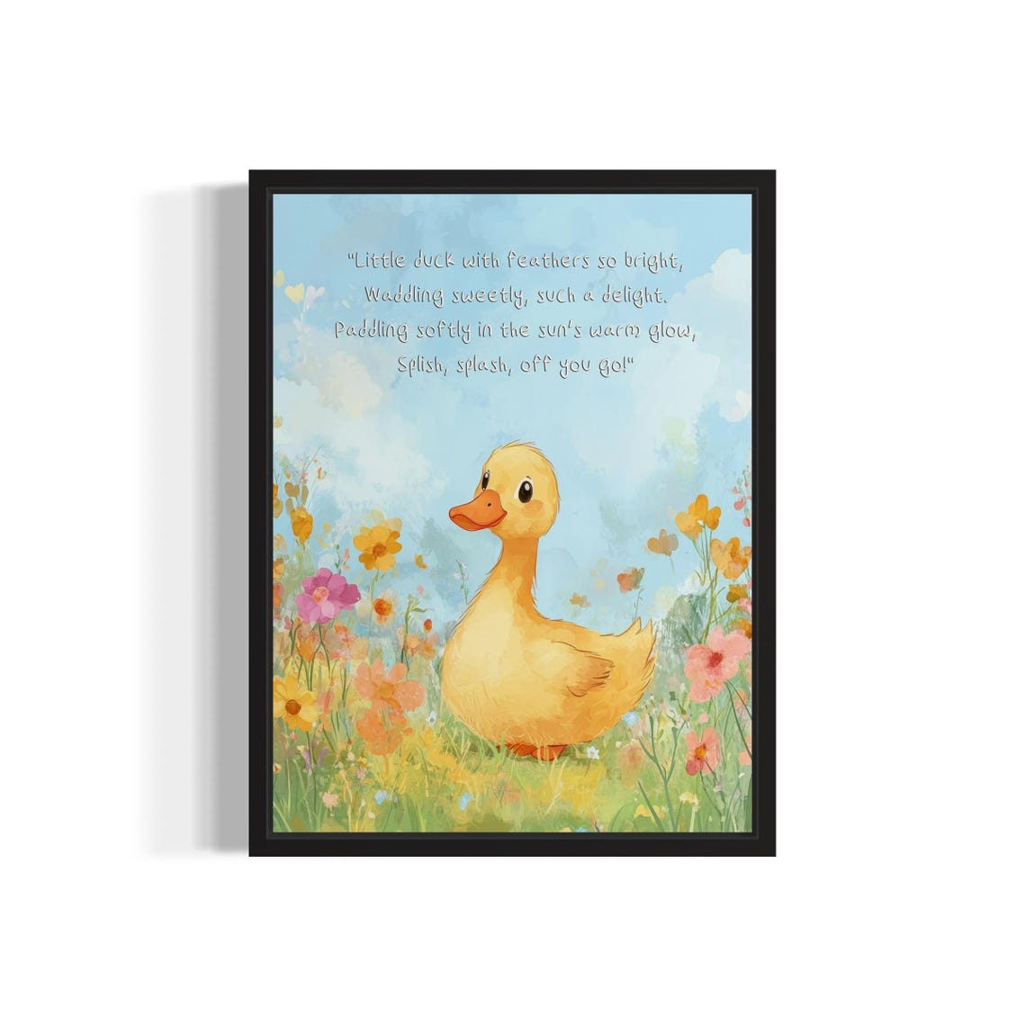 Yellow Duckling with Its Splashy Pond Poem Nursery Wall Poster