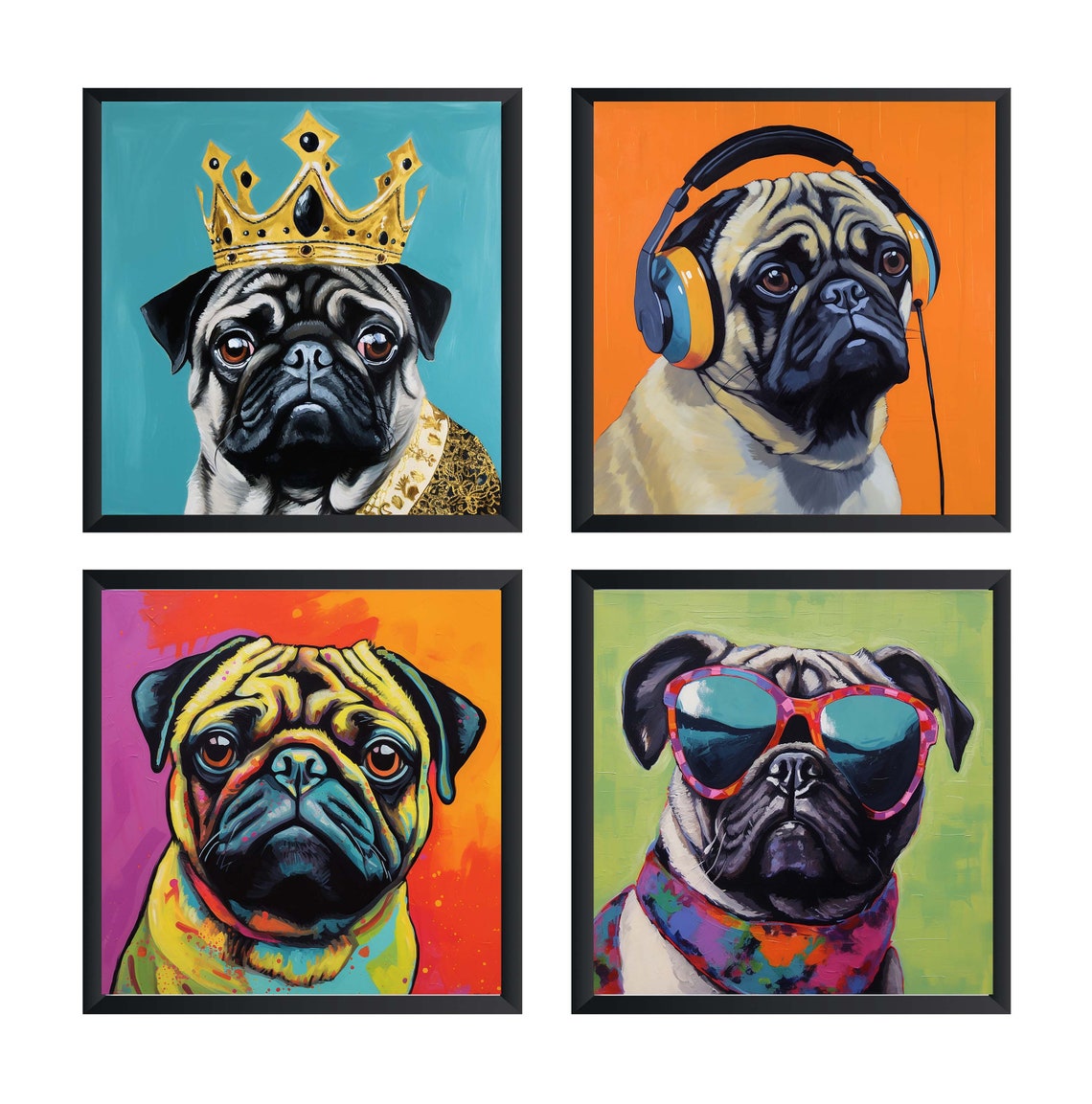 Four Colorful Pug Pop Art Portraits Funniest Dogs Poster Set