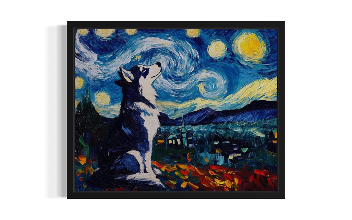 Siberian Husky Gazing Under Van Gogh Starry Night Sky Poster