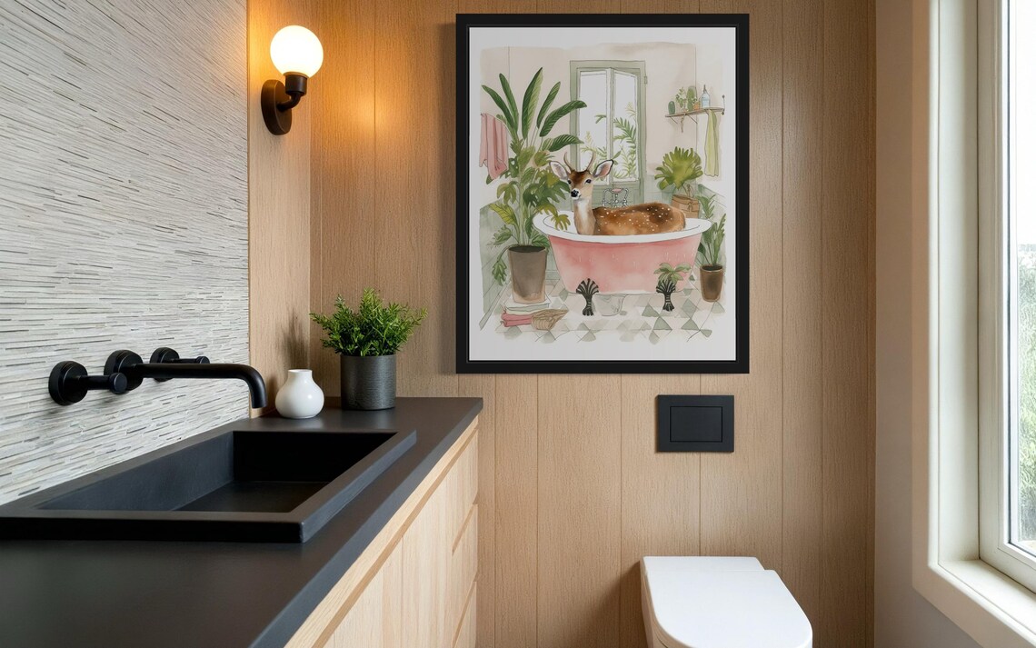 Deer Lounging in a Pink Clawfoot Tub Watercolor Bathroom Poster - Image 4