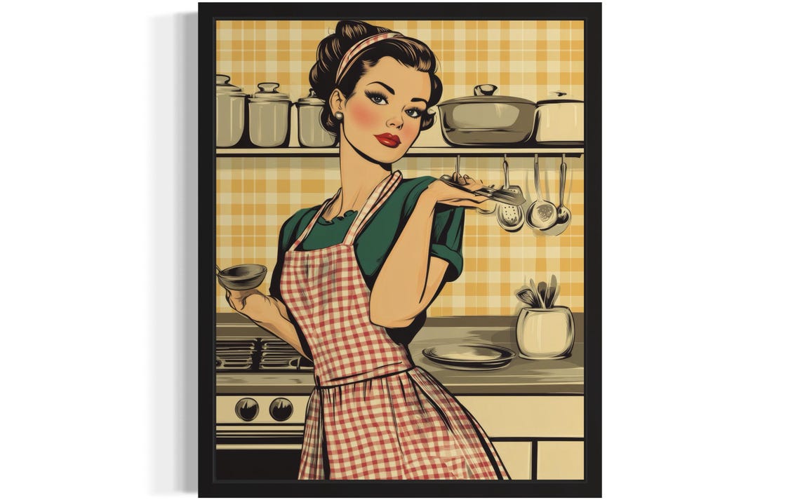 Retro 1950s Housewife in Gingham Apron in Vintage Kitchen Poster