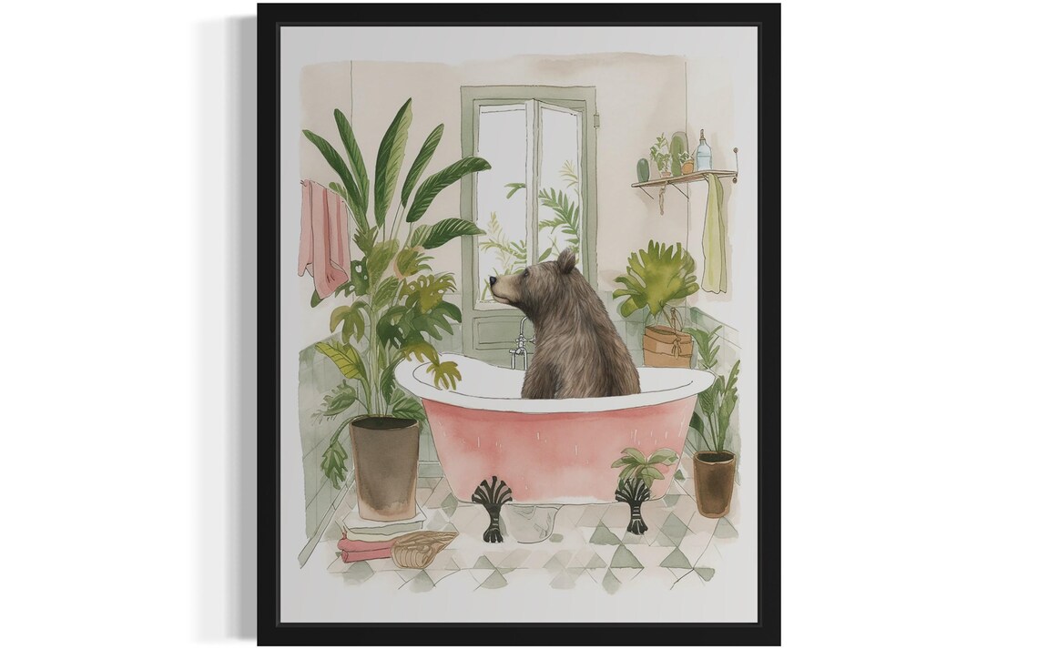 Brown Bear Sitting in a Pink Clawfoot Tub Watercolor Bathroom Poster