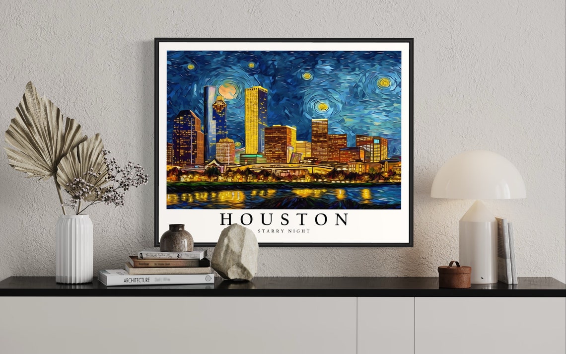 Houston Texas Starry Night Downtown Skyline Night Glow City Art Poster - Image 2