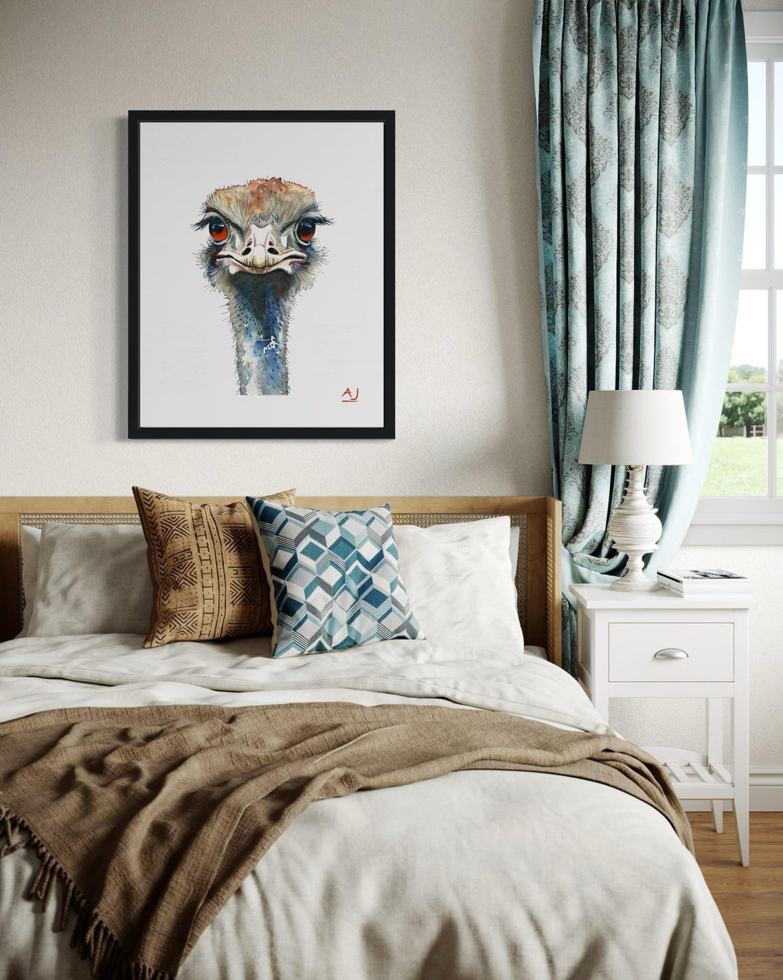 Ostrich Face Front View Close-Up Watercolor Bird Portrait Poster - Image 4