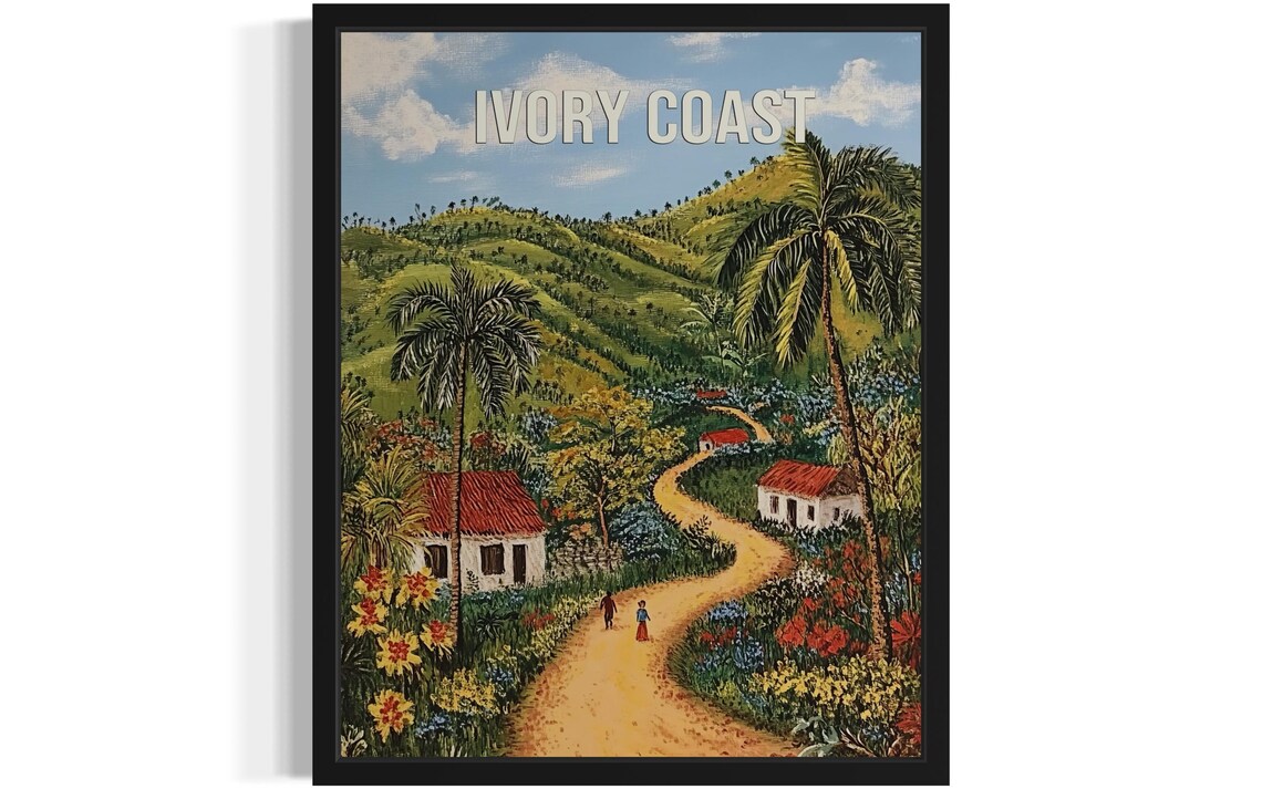 Ivory Coast Tropical Hillside Path with Red-Roof Houses Travel Poster
