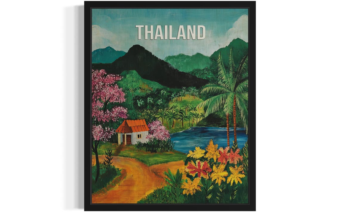 Thailand Mountain Lake Village Vintage Travel Poster Artwork