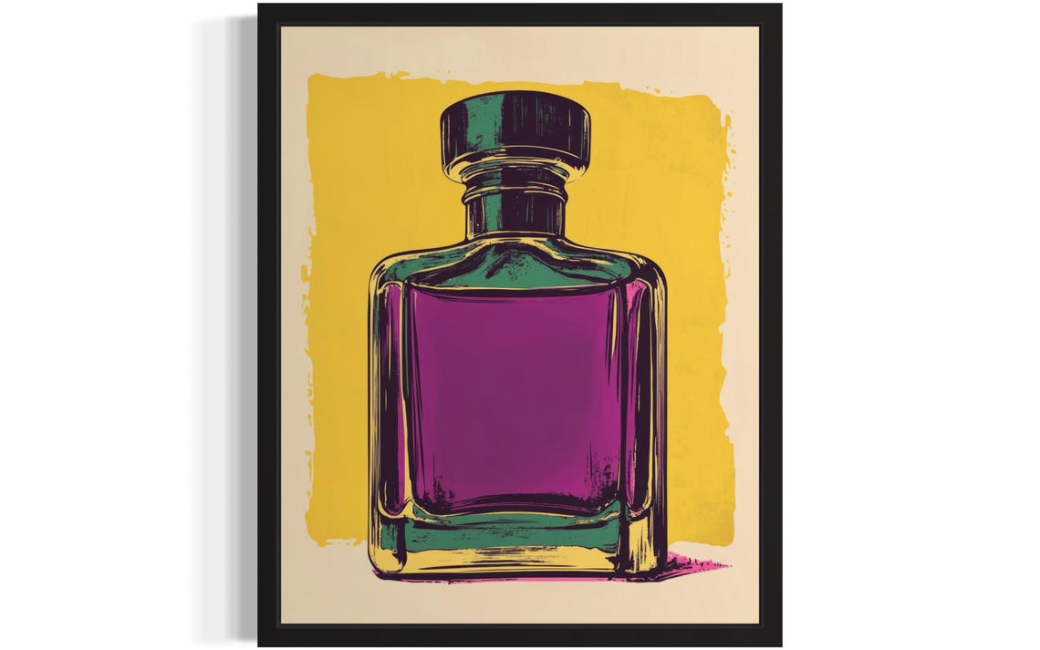 Retro Perfume Bottle Pop Art in Magenta on Mustard Yellow Print