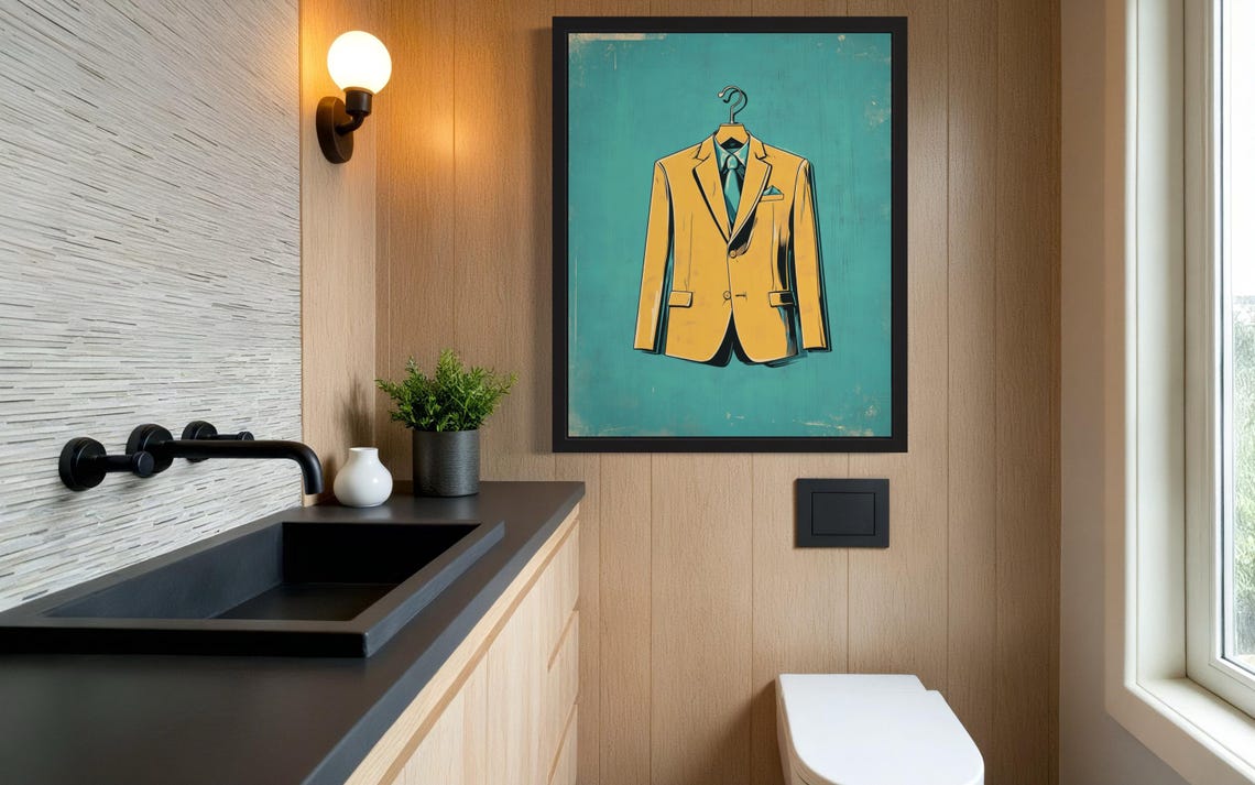 Retro Mustard Yellow Suit Jacket on Hanger Pop Art on Teal Poster - Image 3