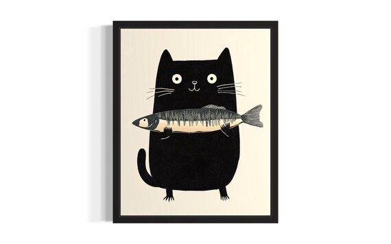 Cute Black Cat Holding A Big Sardine Minimalist Illustration Poster