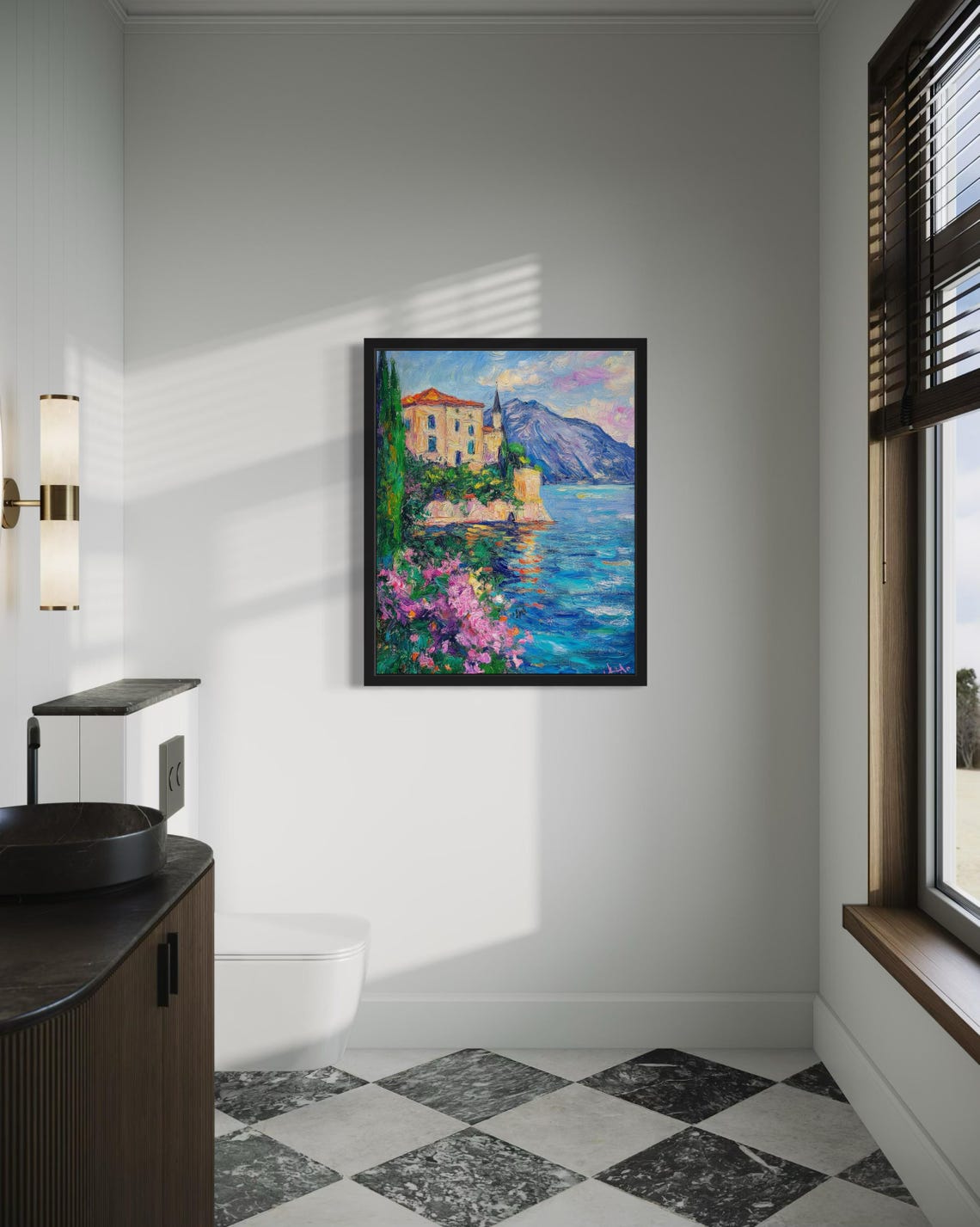 Lakeside Villa with Cypress and Mountains Impressionist Poster - Image 4