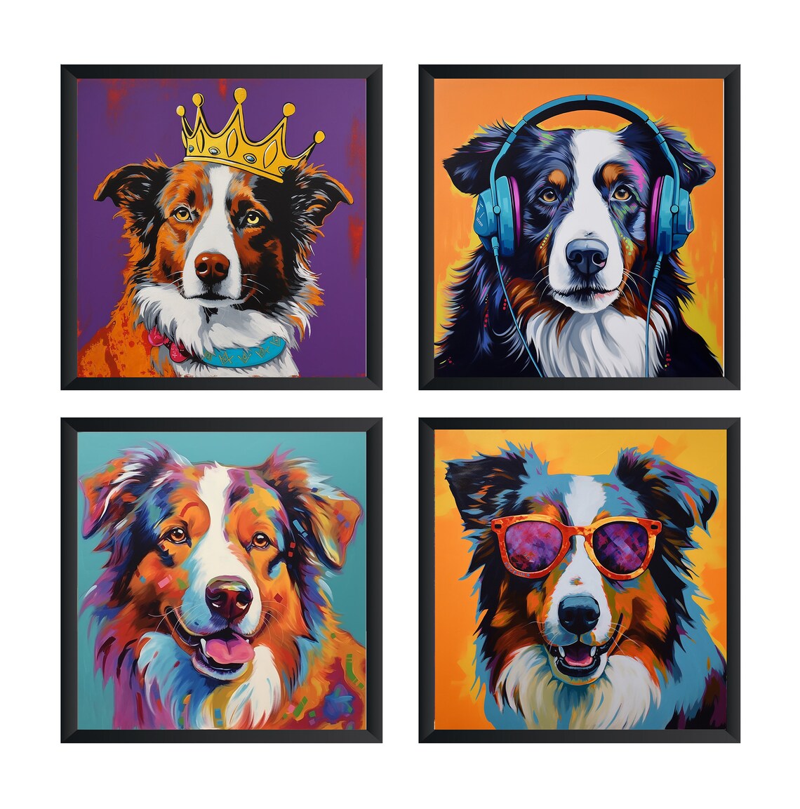 Australian Shepherd Pop Art Dog Portraits Set Of Four Colorful Poster