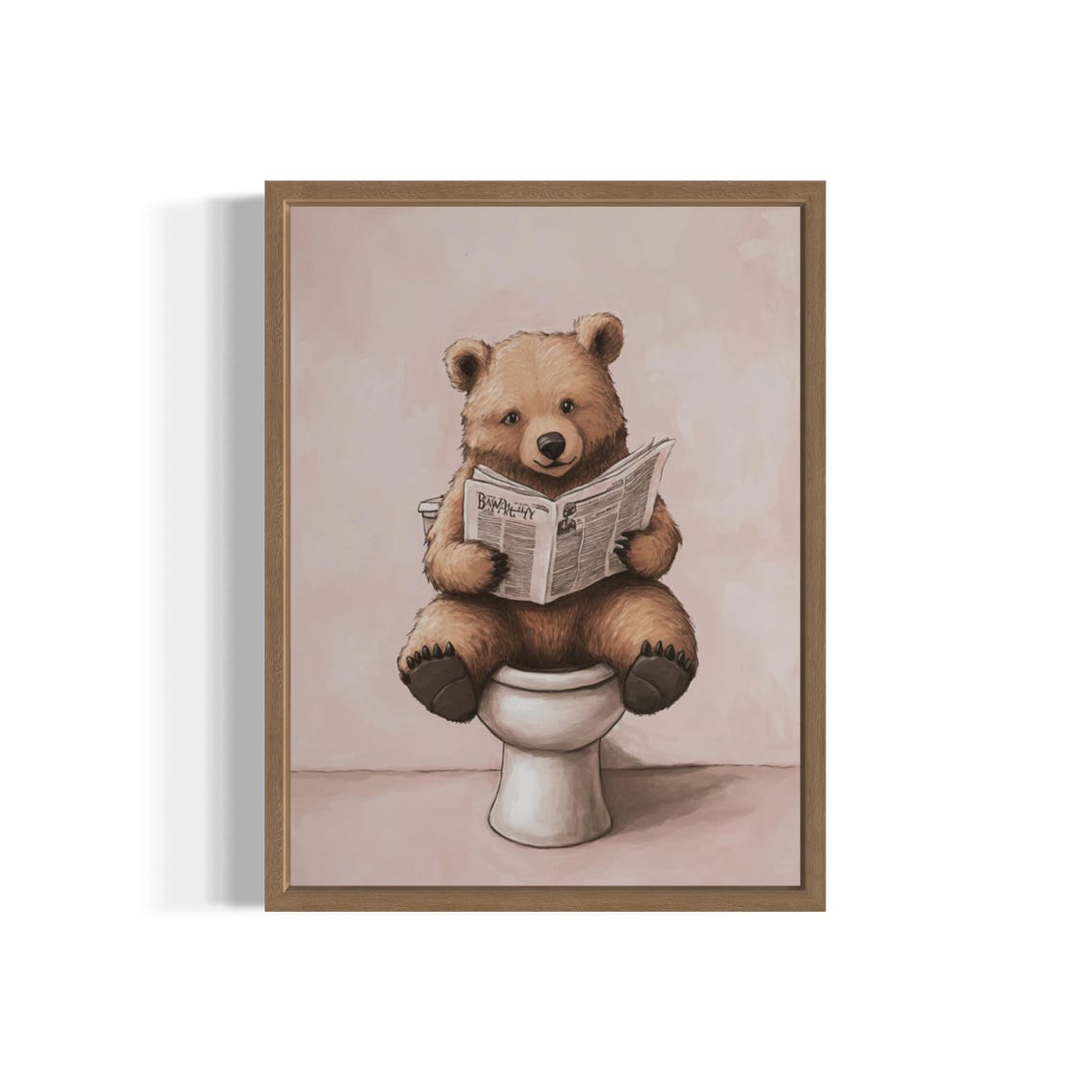 Brown Bear Reading Newspaper on Toilet Funny Bathroom Poster