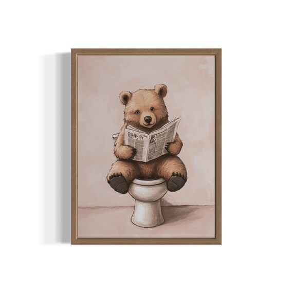 Brown Bear Reading Newspaper on Toilet Funny Bathroom Poster