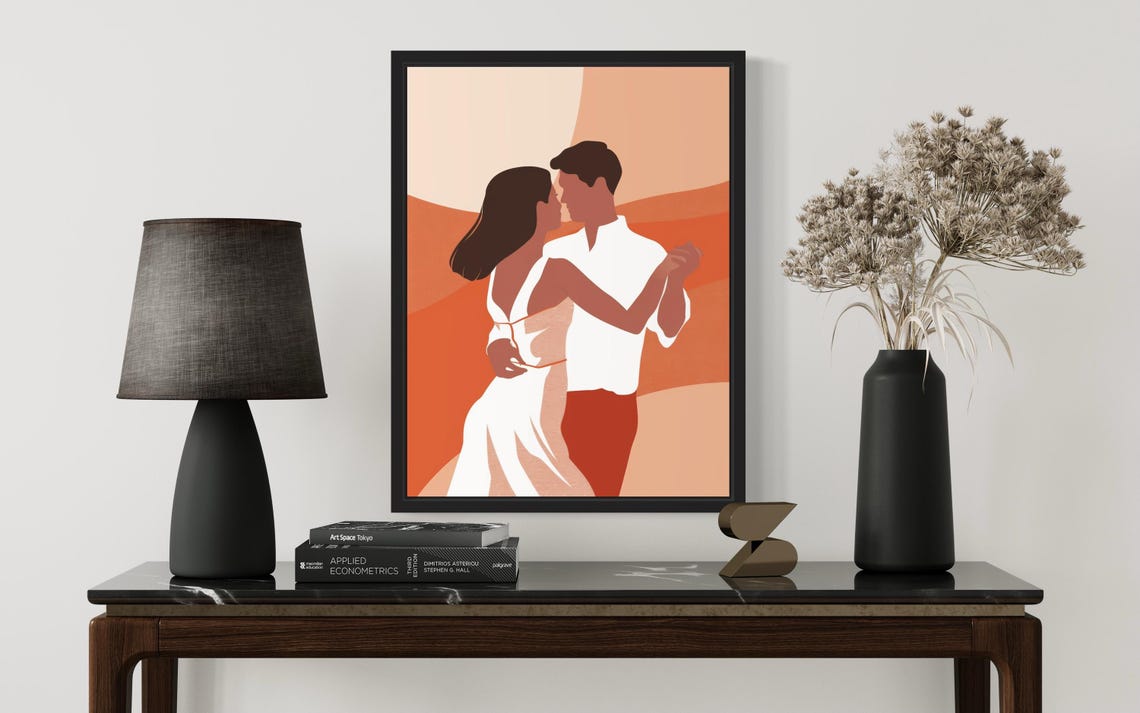 Dancing Couple Embrace Terracotta Sunset Romantic Art Poster - Image 3