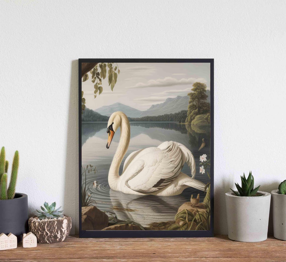 Mute Swan Gliding on a Calm Mountain Lake Vintage Waterfowl Poster - Image 4