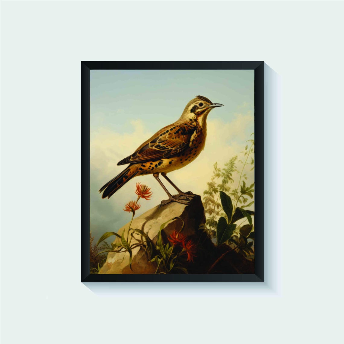 Lark Standing on a Rock with Red Flowers Vintage Bird Art Poster