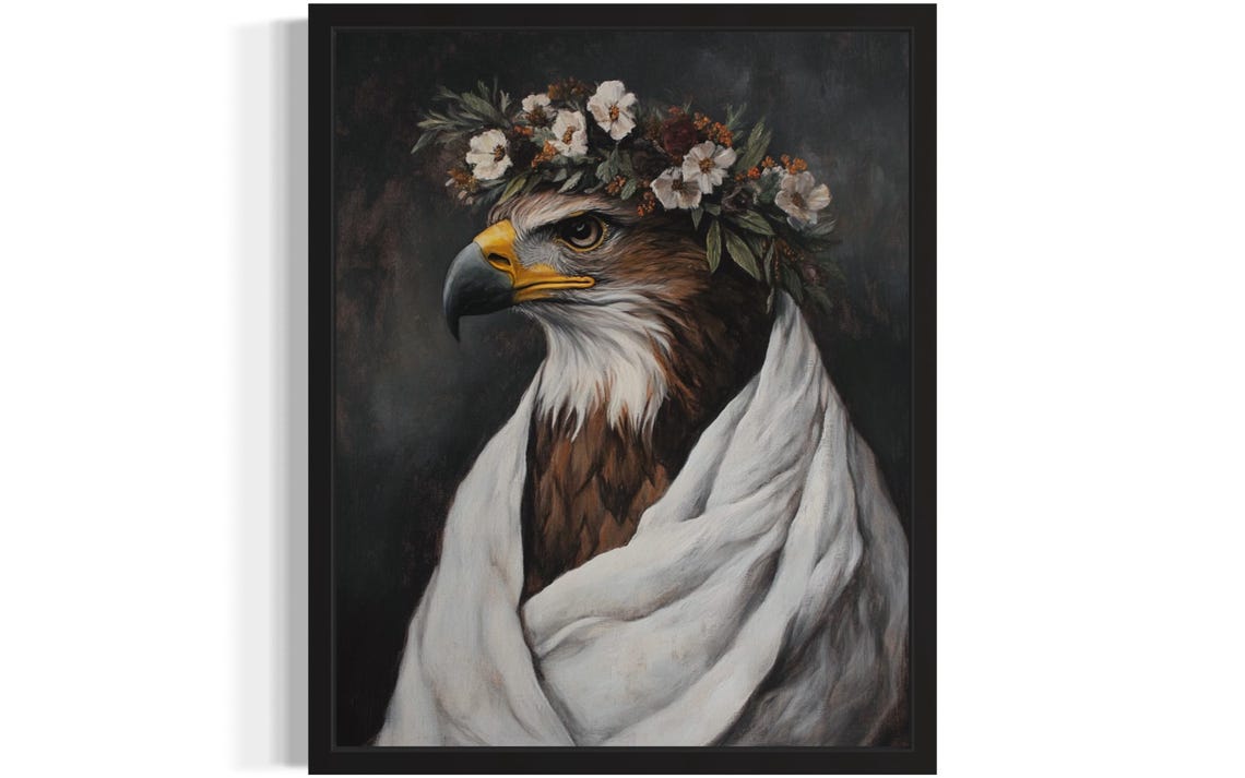 Eagle Portrait with White Flower Crown White Drape Art Poster