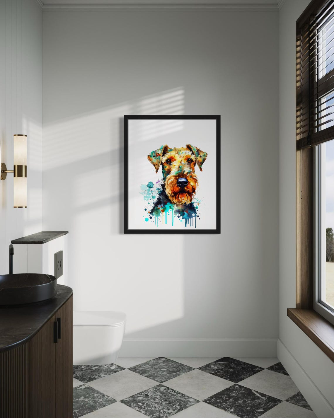 Airedale Terrier Watercolor Portrait Teal Splash Ink Art Poster - Image 4