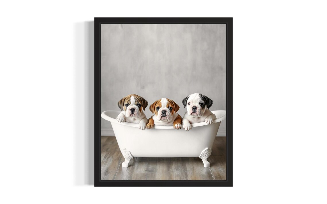 Three Bulldog Puppies in White Bathtub Cute Wrinkled Dog Photo Poster