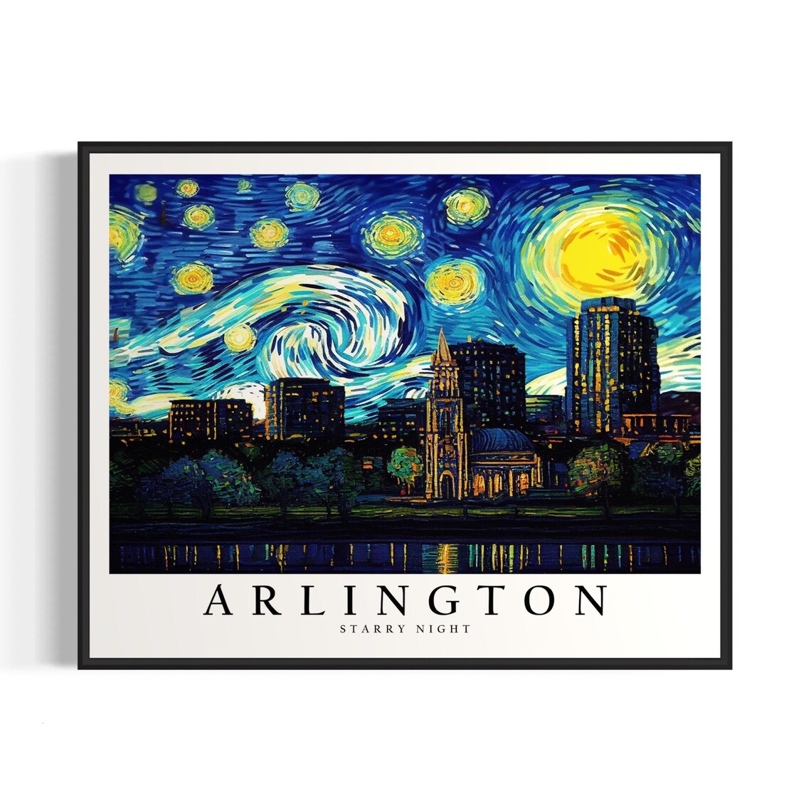 Arlington Texas Starry Night Skyline Church Tower Night Lights Art Poster