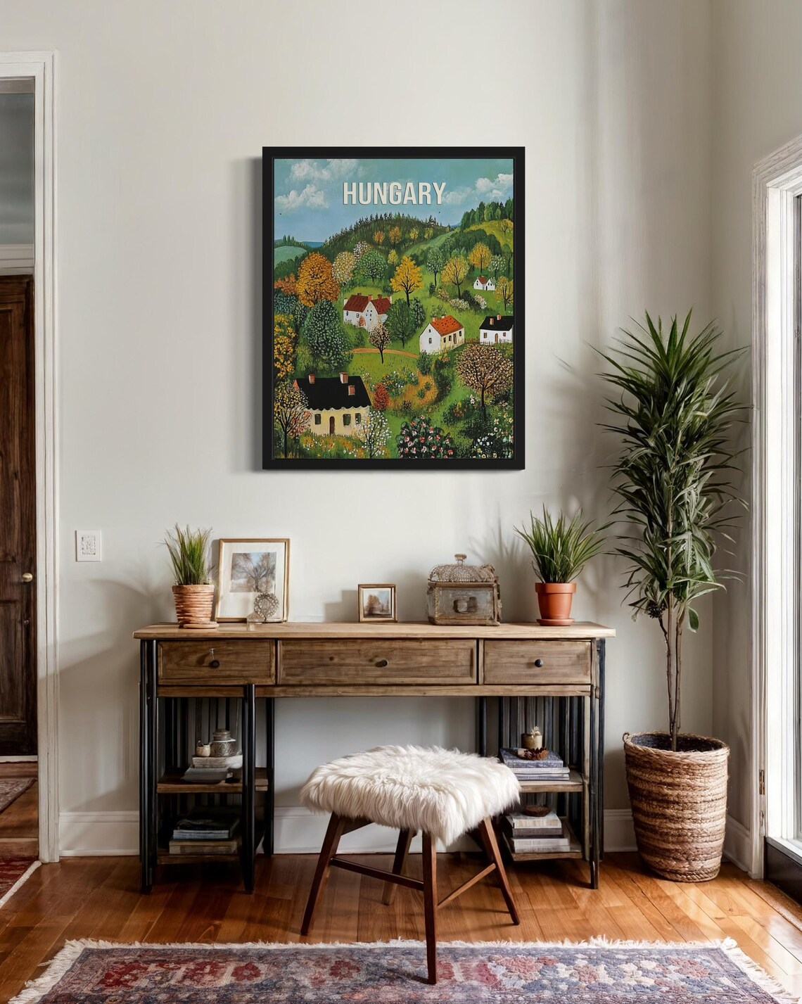 Hungary Naive Folk Art Hillside Village Among Autumn Trees Poster - Image 3