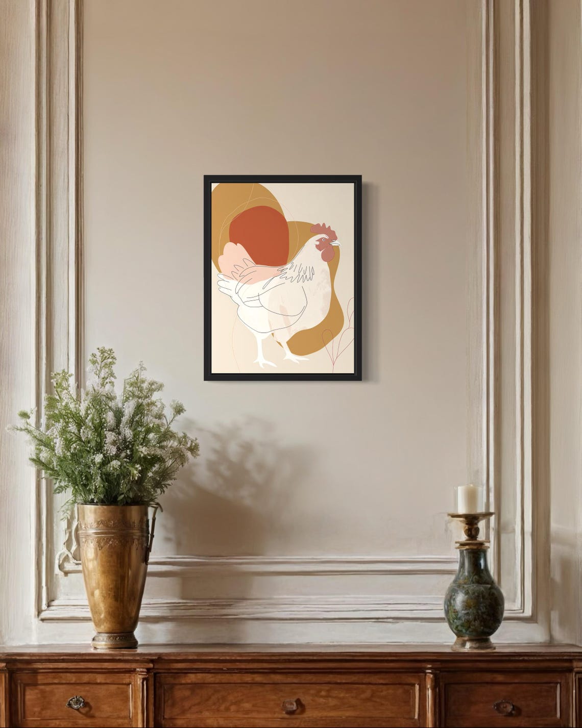 White Rooster Delicate Line Art Beige Abstract Modern Farm Poster - Image 2