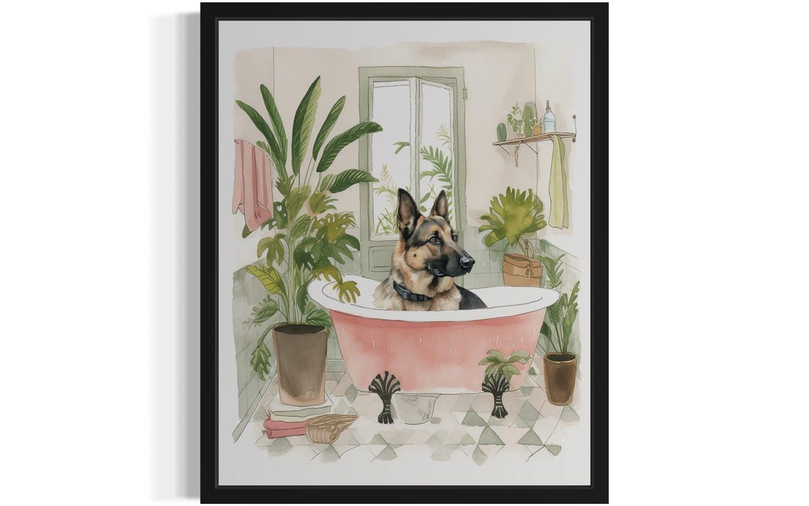 German Shepherd Bath Time Pink Clawfoot Tub Botanical Art Poster