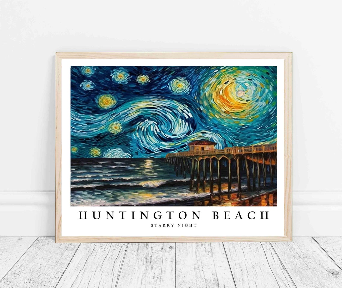 Huntington Beach Starry Night Ocean Pier Night Sky View Poster - Image 3
