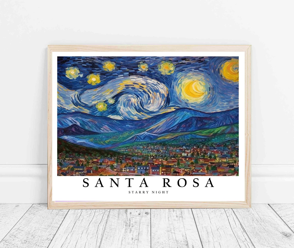Santa Rosa Starry Night Van Gogh Style City Hills Art Poster - Image 3
