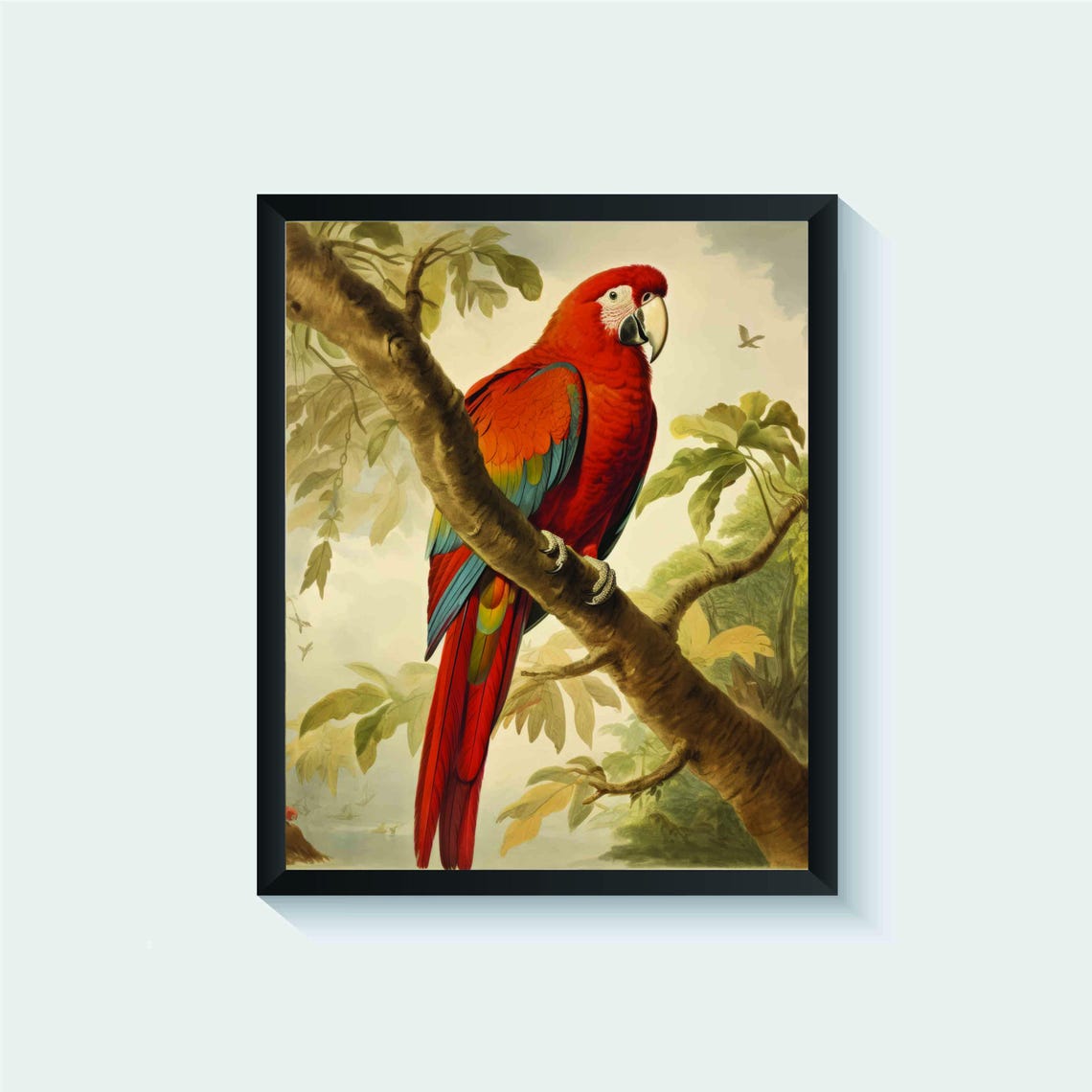 Scarlet Macaw Gripping a Jungle Branch Vintage Parrot Art Poster