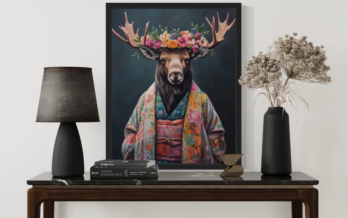 Moose Wearing Flower Crown and Floral Kimono Fine Art Decor Poster - Image 4