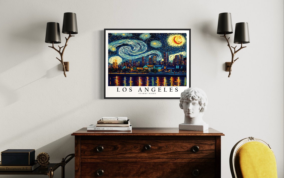 Los Angeles California Starry Night Downtown Skyline Art Poster - Image 4