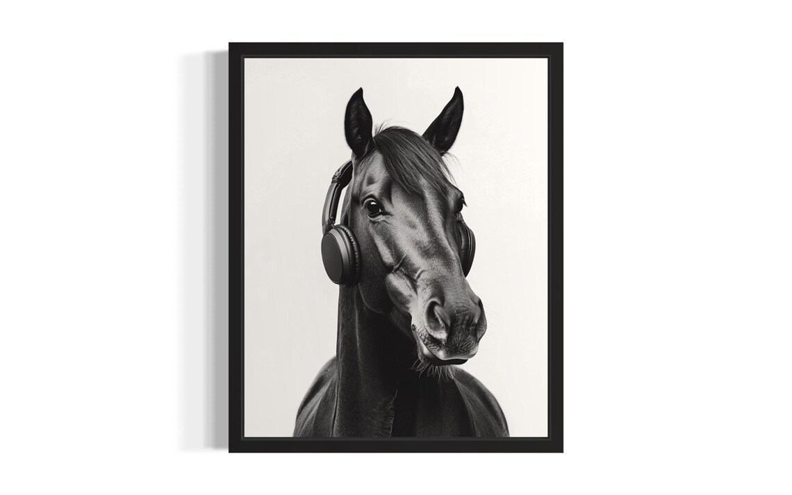 Horse Wearing Headphones Funny Black and White Animal Poster