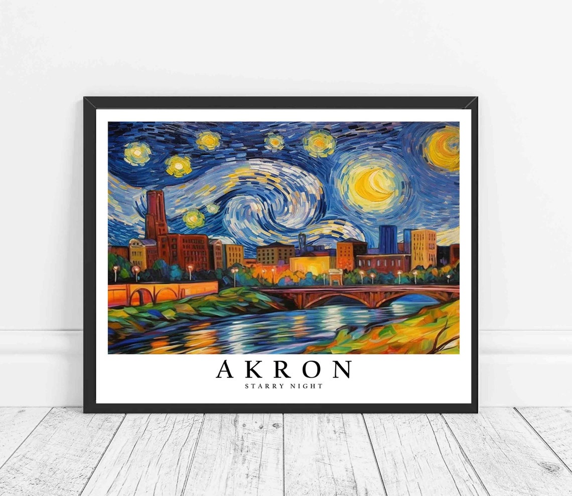 Akron Starry Night River Bridge Skyline Moonlit Painting Art Poster