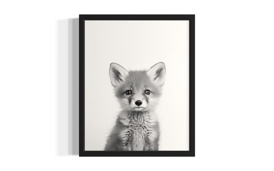 Baby Fox Cub Black And White Minimalist Nursery Animal Portrait Poster
