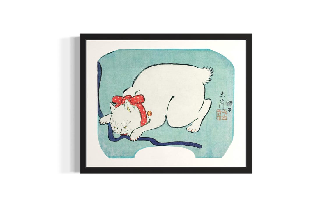 Japanese Woodblock White Cat With Red Bow Playful Art Poster