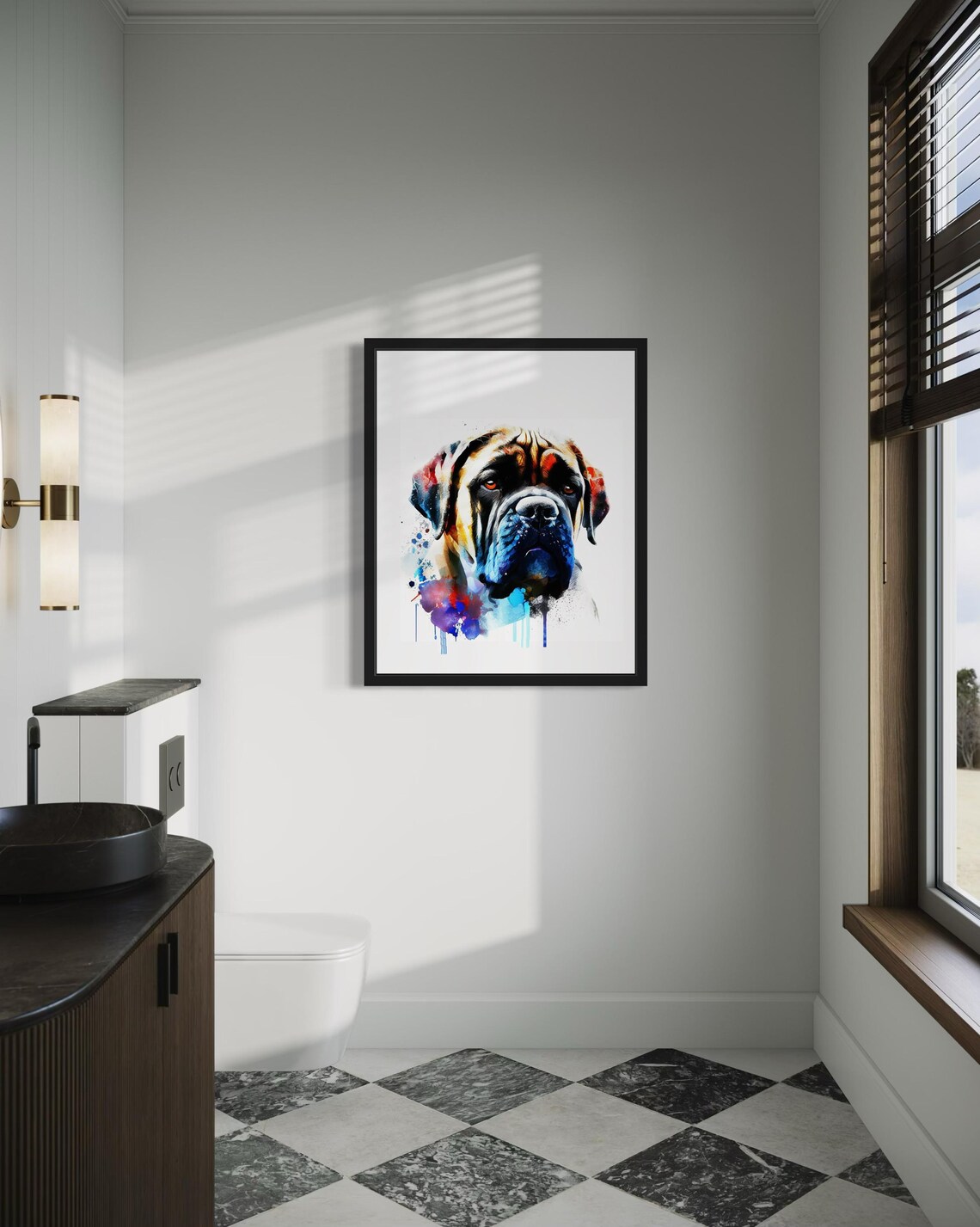 English Mastiff Watercolor Portrait Blue Splash Ink Art Poster - Image 4