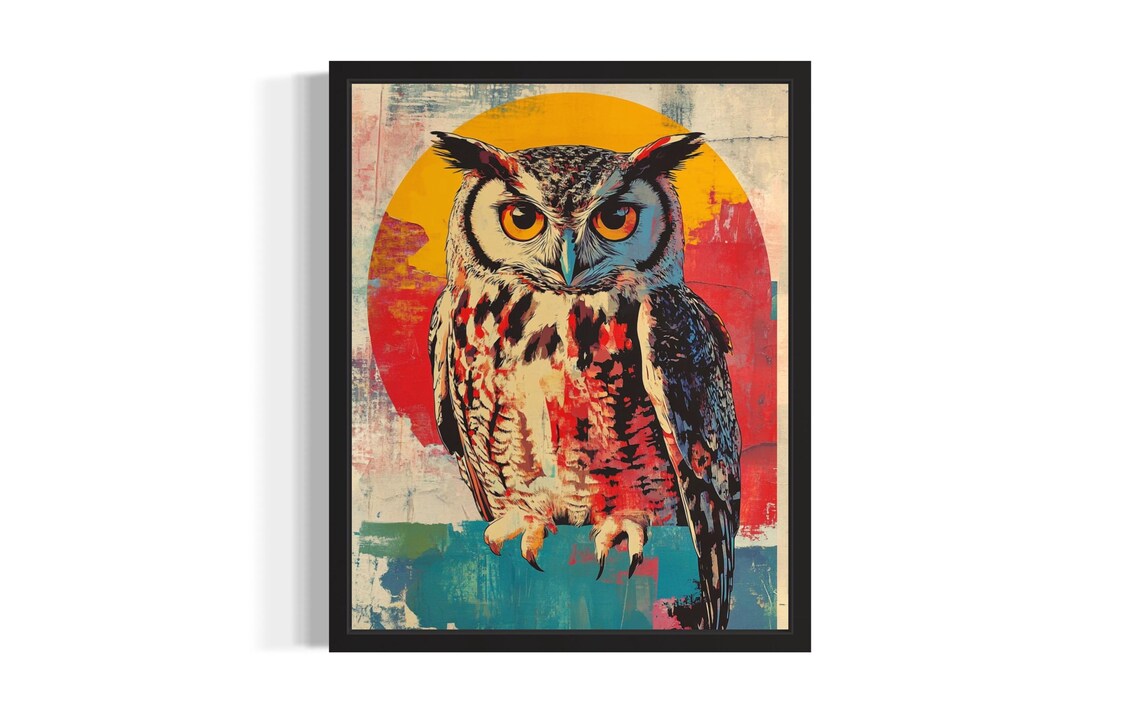 Colorful Owl Pop Art Poster Retro Sunburst Modern Wildlife Wall Decor