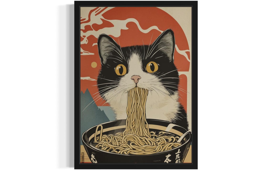 Tuxedo Cat Slurping Ramen Bowl Japanese Ukiyo-e Style Poster