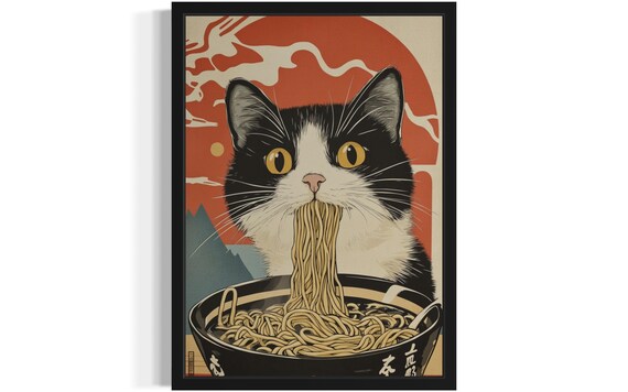 Tuxedo Cat Slurping Ramen Bowl Japanese Ukiyo-e Style Poster