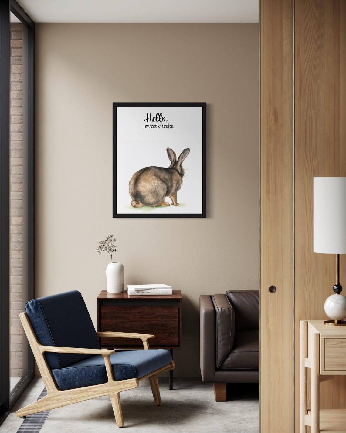 Hello Sweet Cheeks Brown Rabbit Watercolor Bathroom Humor Poster - Image 2